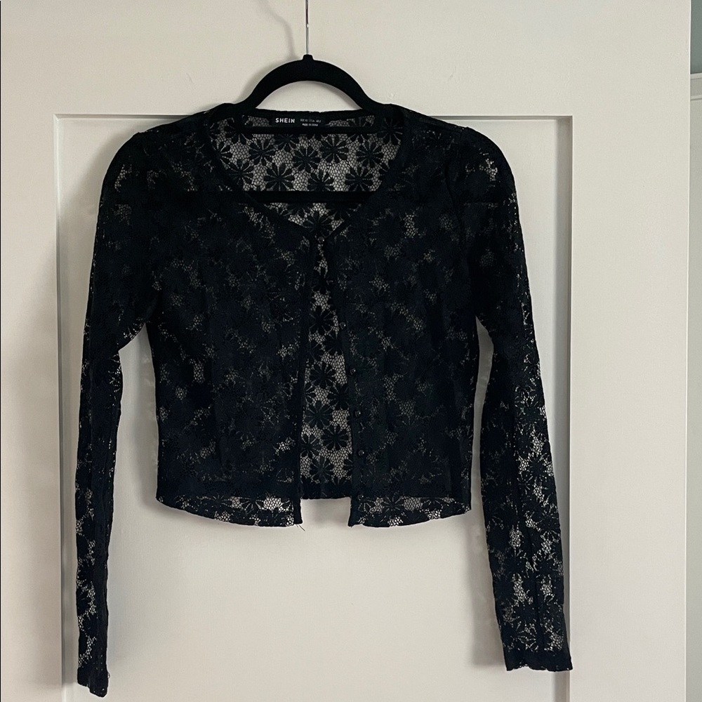 SHEIN Sheer Black Floral Lace Cardigan